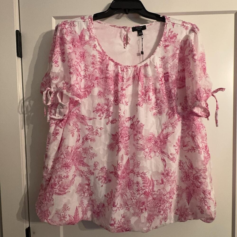 Haver London Sz 3X Pink Floral Chiffon Tunic Blouse Short Sleeve Lined Summer